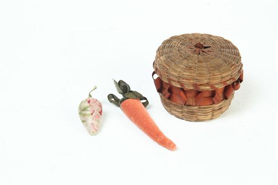 Appraisal: MINIATURE INDIAN BASKET AND TWO PINCUSHIONS Penobscot Maine early th