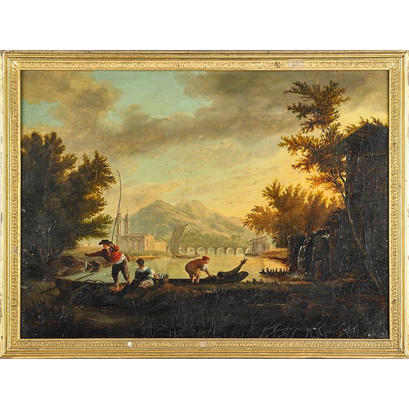 Appraisal: TH C FLEMISH SCHOOL LANDSCAPE Oil on canvas boating scene