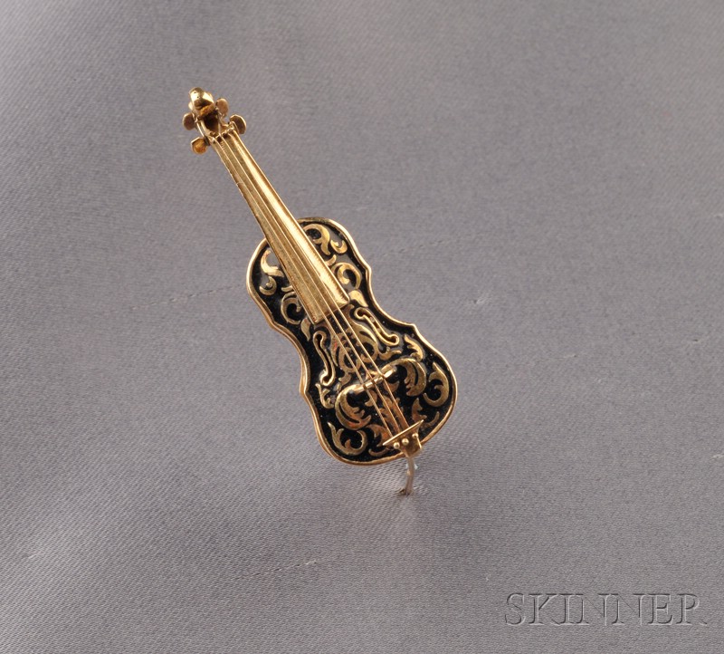 Appraisal: Antique kt Gold and Enamel Violin Brooch the champleve enamel