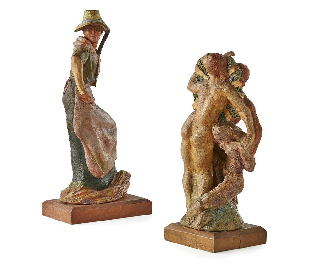 Appraisal: TWO ARTS CRAFTS POTTERY FIGURE GROUPS CIRCA one depicting opposed