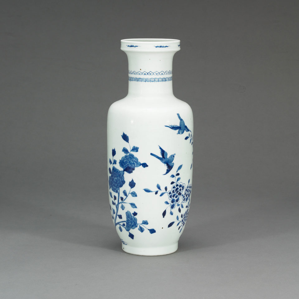 Appraisal: Blue and White Rouleau Vase Kangxi Mark With songbirds amongst