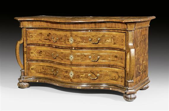 Appraisal: LARGE COMMODE Baroque Beromunster circa Walnut and various fruitwoods in