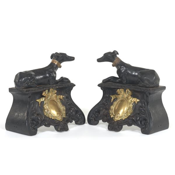 Appraisal: VICTORIAN PAIR OF CAST IRON AND GILT BRONZE HOUND ANDIRONS