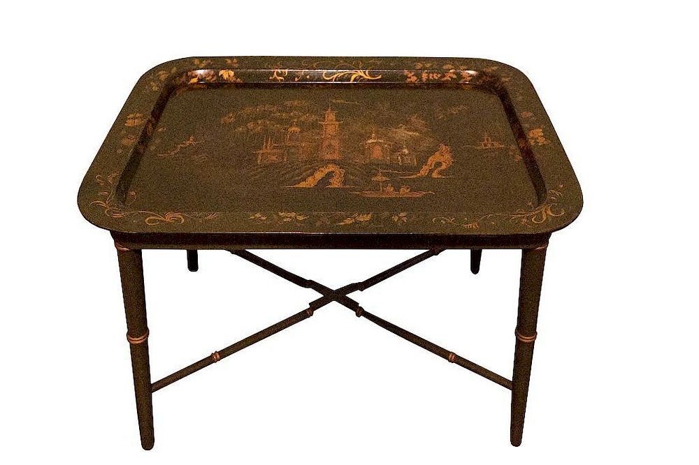 Appraisal: Chinoserie Paper Mache Table Stand Chinoiserie Paper Mache Tray Table