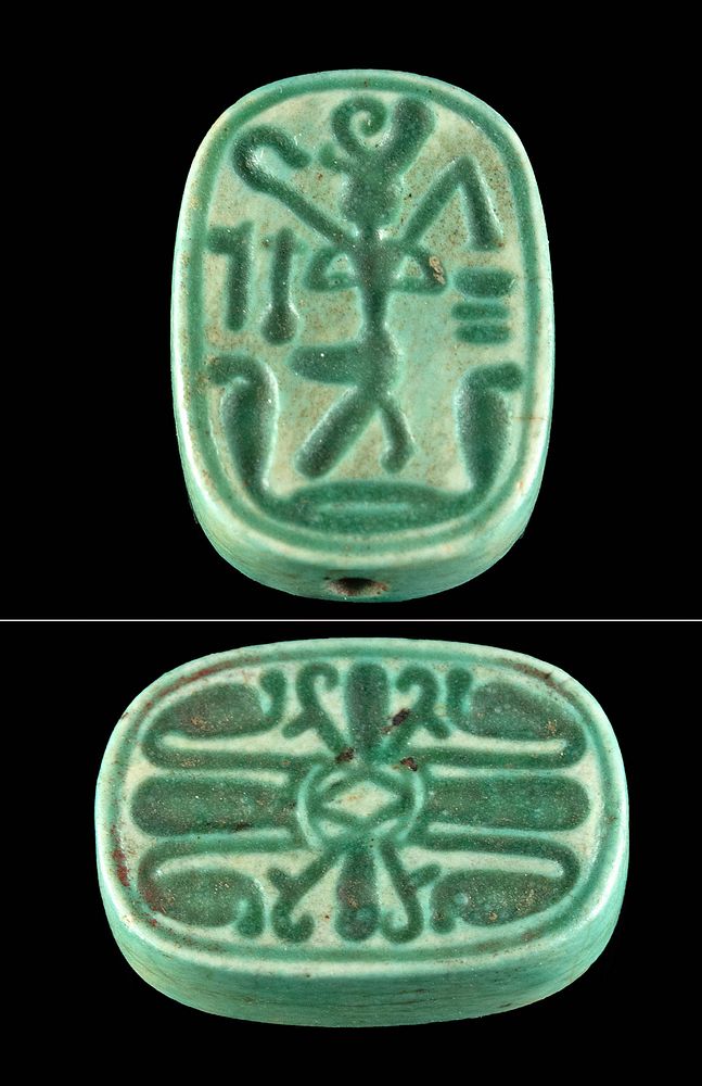 Appraisal: Egyptian Faience Scaraboid w Kneeling Pharaoh Uraei Ancient Egypt Third