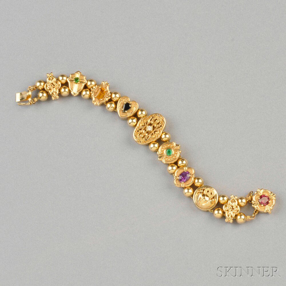 Appraisal: kt Gold Gem-set Slide Bracelet composed of nine slides set