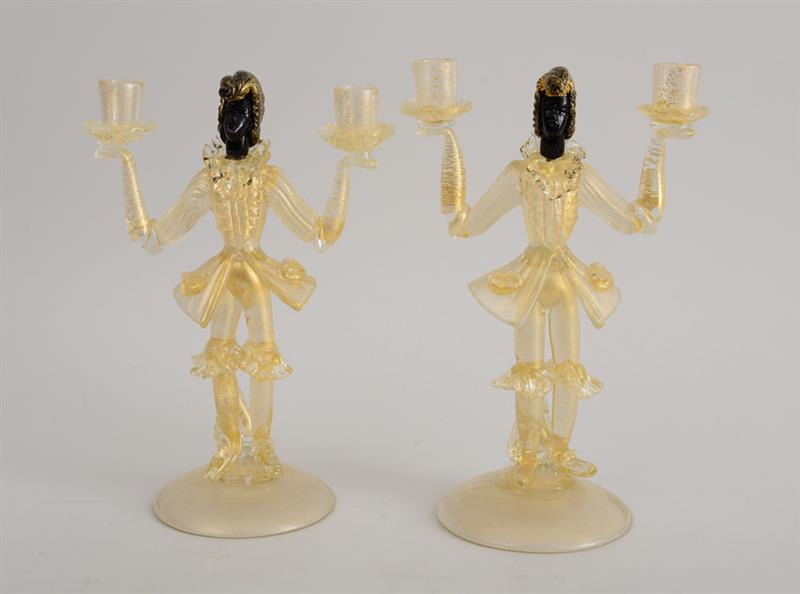 Appraisal: PAIR OF VENETIAN GLASS BLACKAMOOR FIGURAL TWO-LIGHT CANDELABRA Unmarked each