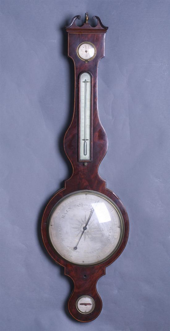 Appraisal: GEORGE III INLAID MAHOGANY FOUR-GAUGE BANJO BAROMETER By S Oreggia