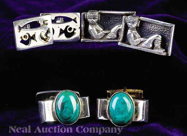 Appraisal: Three Pairs of Vintage Sterling Silver Cufflinks including one Mexican