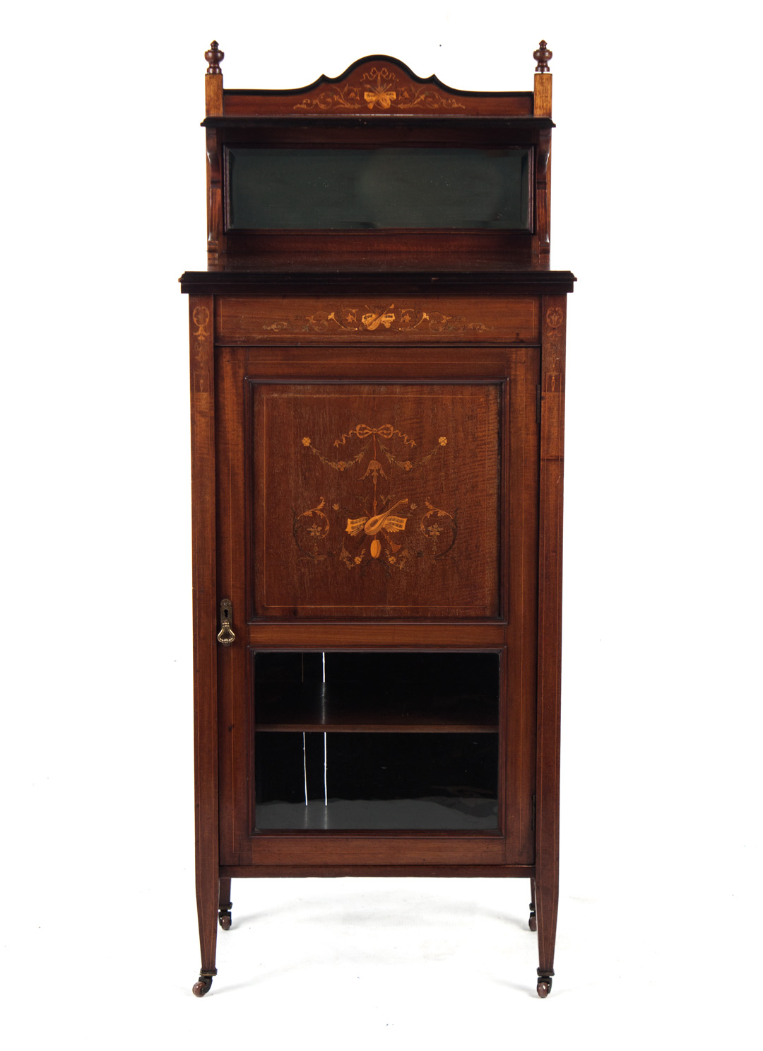 Appraisal: Edwardian inlaid mahogany music cabinet early th century elaborate musical