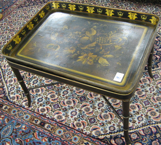 Appraisal: REGENCY STYLE TOLE DECORATED TRAY-TOP COFFEE TEA TABLE American or