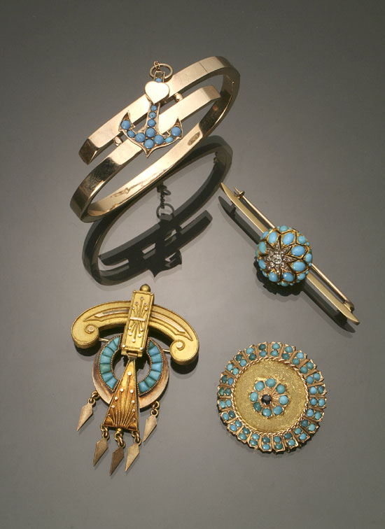 Appraisal: Victorian Yellow-Gold Turquoise Diamond and Blue Sapphire Assembled Four-Piece Ensemble