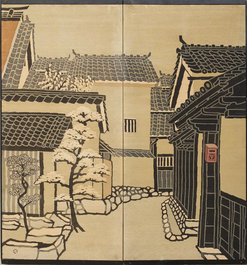 Appraisal: TWO JAPANESE SILK TWO PANEL SCREENS The larger with city