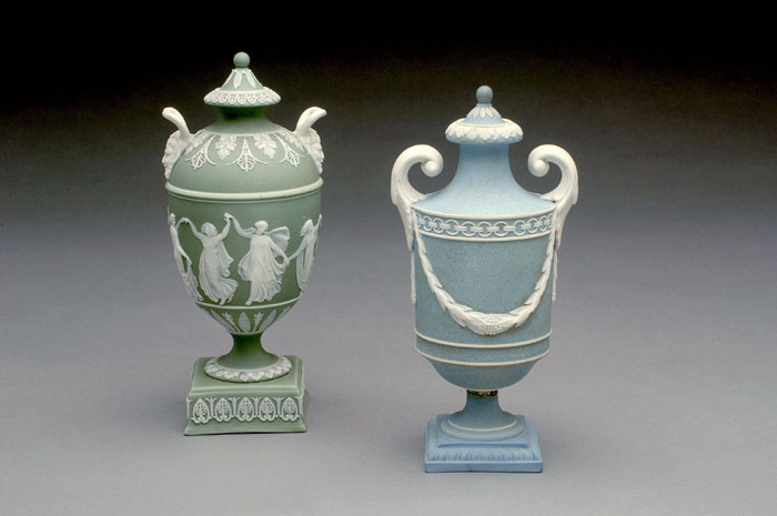 Appraisal: TWO WEDGWOOD JASPERWARE COVERED URNS The first with green ground