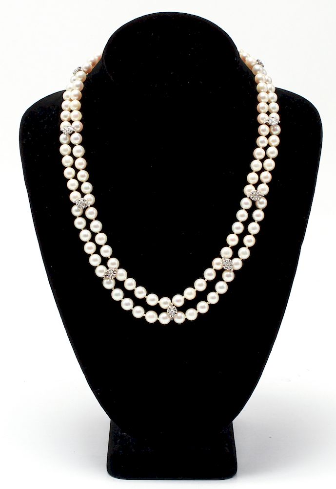 Appraisal: K Gold Diamonds Double Strand Pearls Necklace K white gold