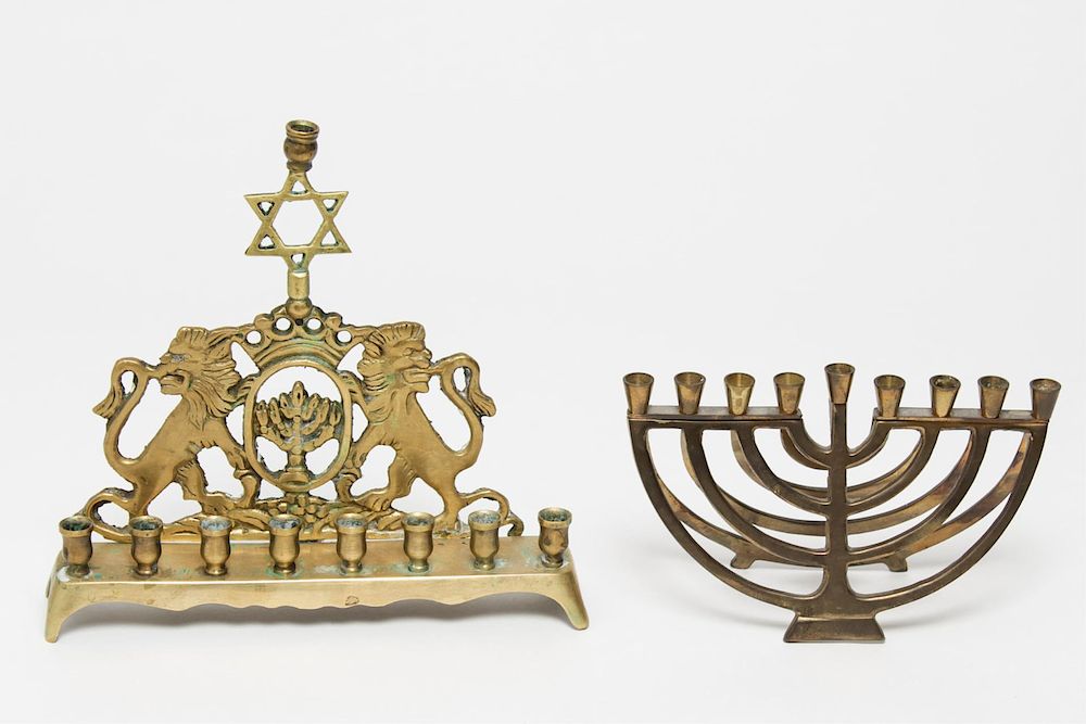 Appraisal: Judaica Hanukkah Brass Menorahs Judaica Hanukkah eight-light gilt brass menorahs