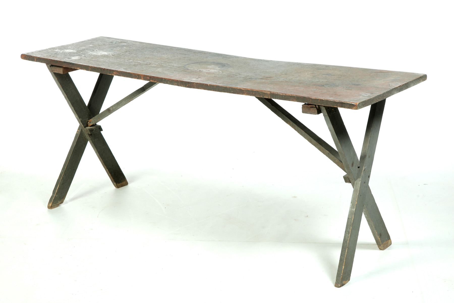 Appraisal: DIMINUTIVE AMERICAN SAWBUCK TABLE Nineteenth century pine One-board scrubbed top