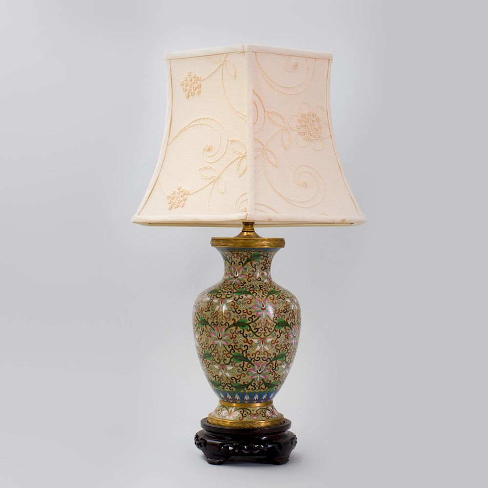 Appraisal: Chinese Gilt-Metal-Mounted Cloisonn Baluster-Shaped Lamp With embroidered linen shade Overall