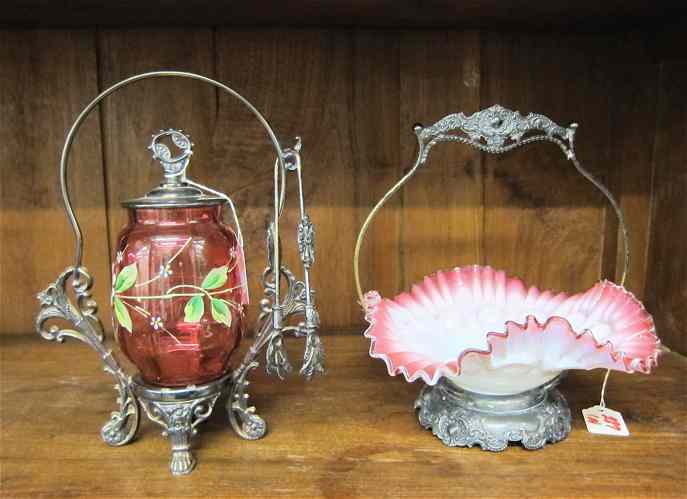 Appraisal: TWO AMERICAN VICTORIAN PIECES a cranberry glass covered pickle jar