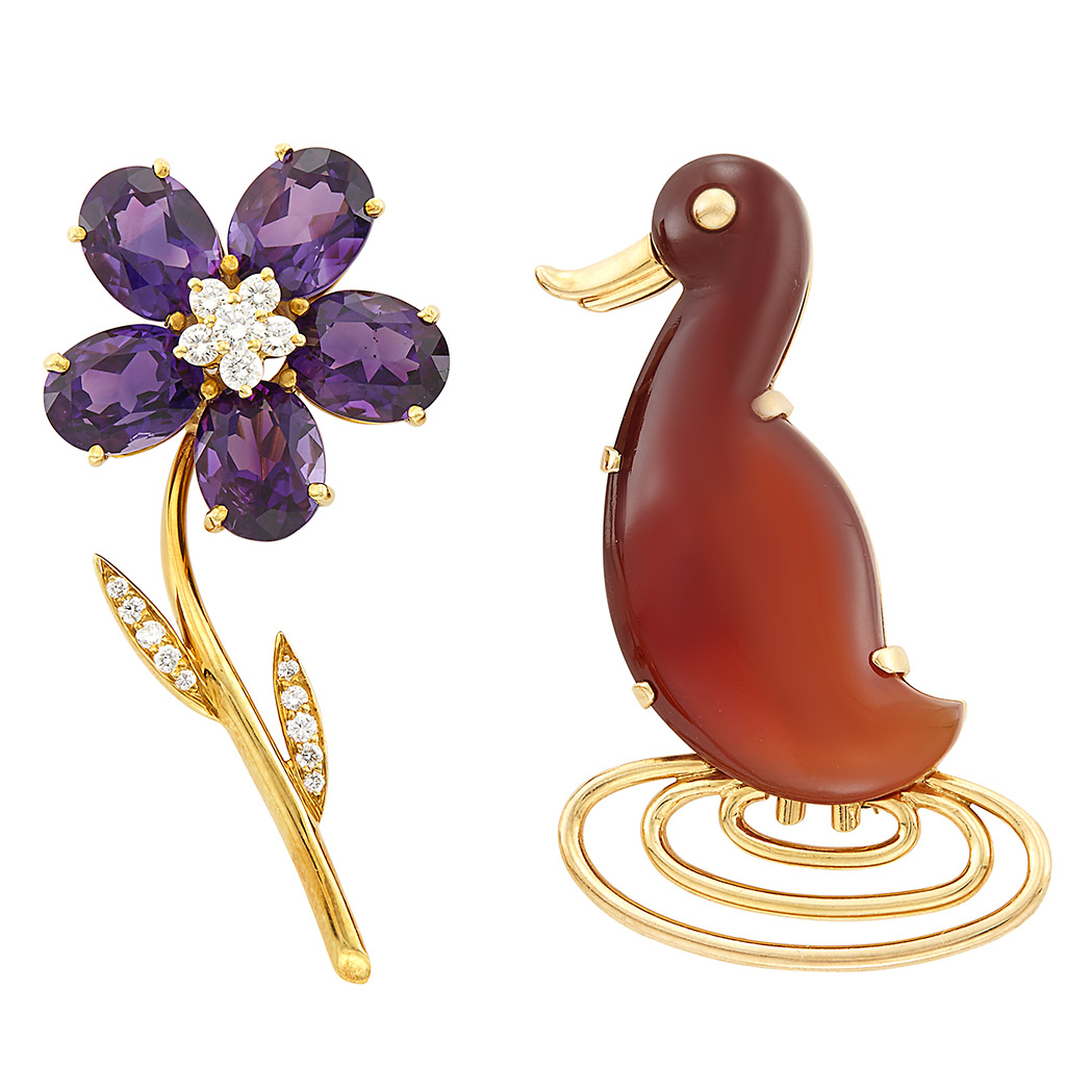 Appraisal: Gold and Carved Carnelian Duck Brooch and Gold Amethyst and