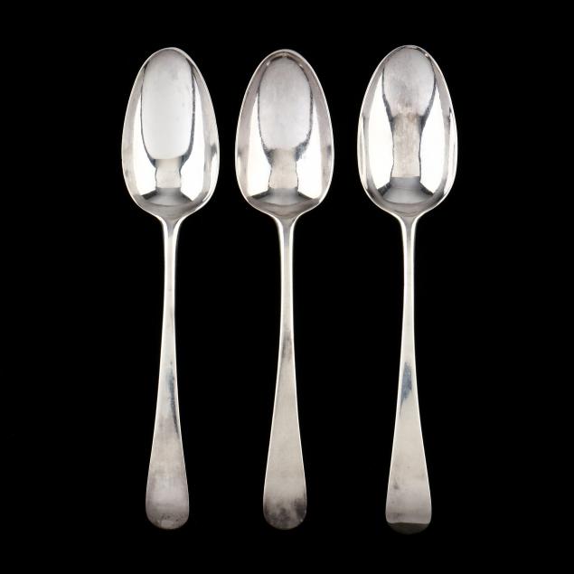 Appraisal: THREE GEORGE III SILVER TABLESPOONS MARKS OF HESTER BATEMAN London