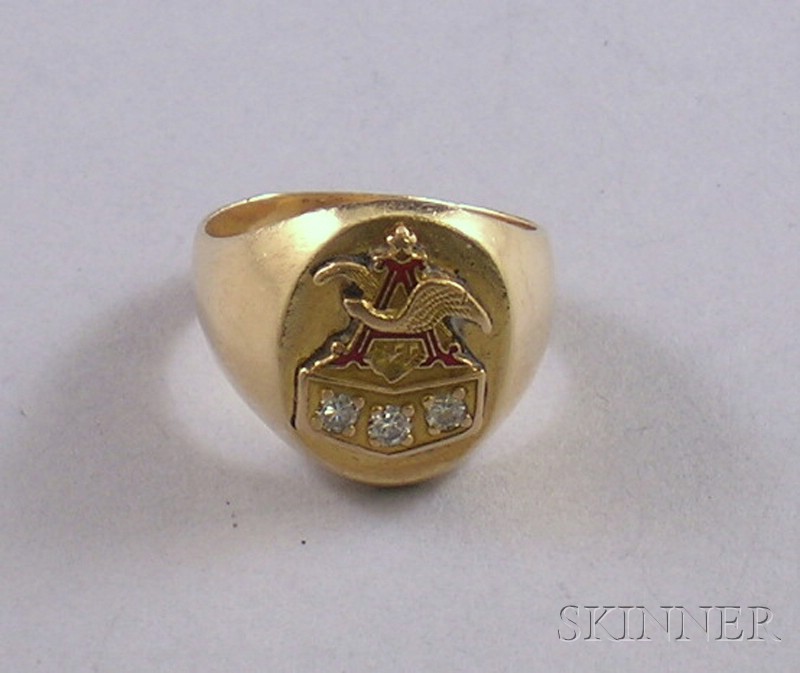 Appraisal: kt Gold Diamond and Enamel Signet Ring size