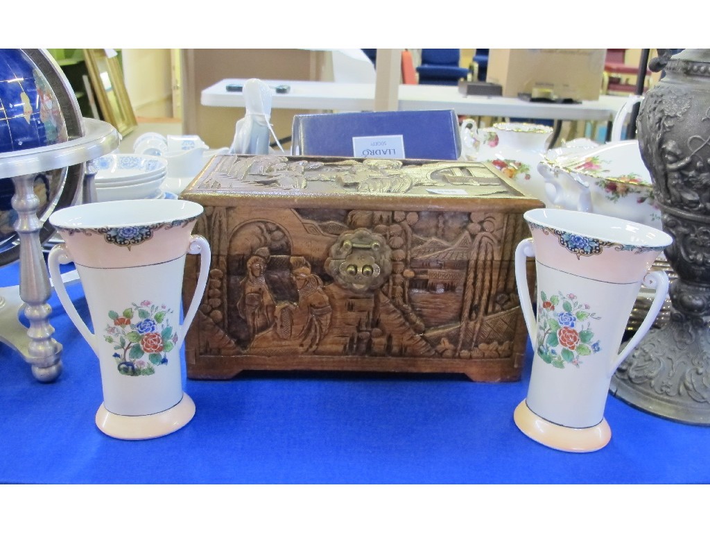 Appraisal: Pair of Noritake vases and a small Chinese carved chest