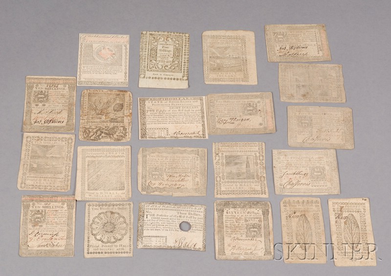 Appraisal: Twenty-one Pieces of Early Currency Colonial currency various printers and