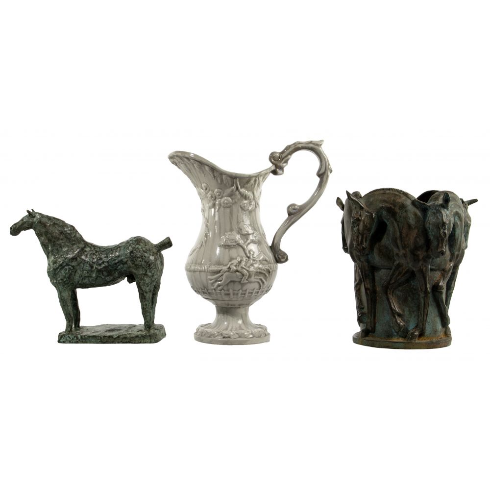 Appraisal: EQUINE-THEMED OBJECT ASSORTMENT items including a cast bronze sculpture of