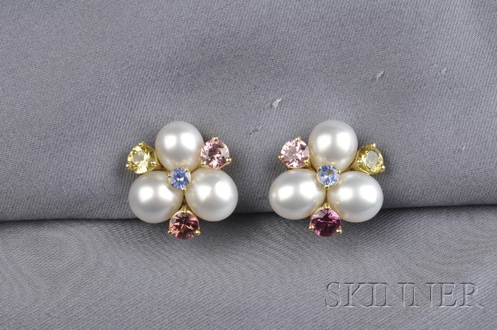 Appraisal: kt Gold South Sea Keshi Pearl and Colored Sapphire Earclips