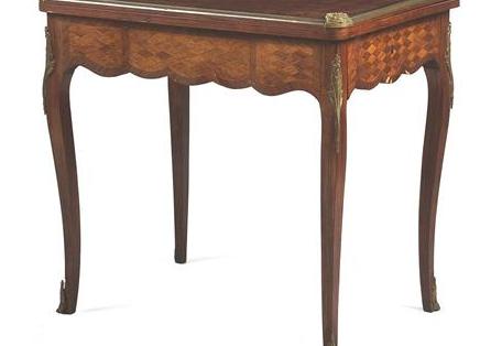 Appraisal: LOUIS XV STYLE GILT-METAL-MOUNTED KINGWOOD MARQUETRY GAMING TABLE The hinged