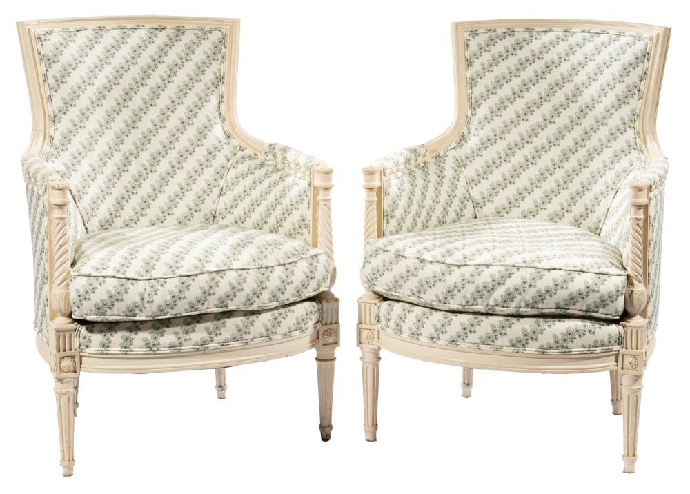 Appraisal: Pair of Louis XVI-Style Creme Peinte Bergeres molded back padded