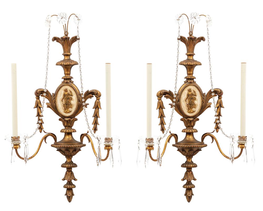 Appraisal: Pair of Continental Giltwood Two-Light Sconces central medallion with Classical