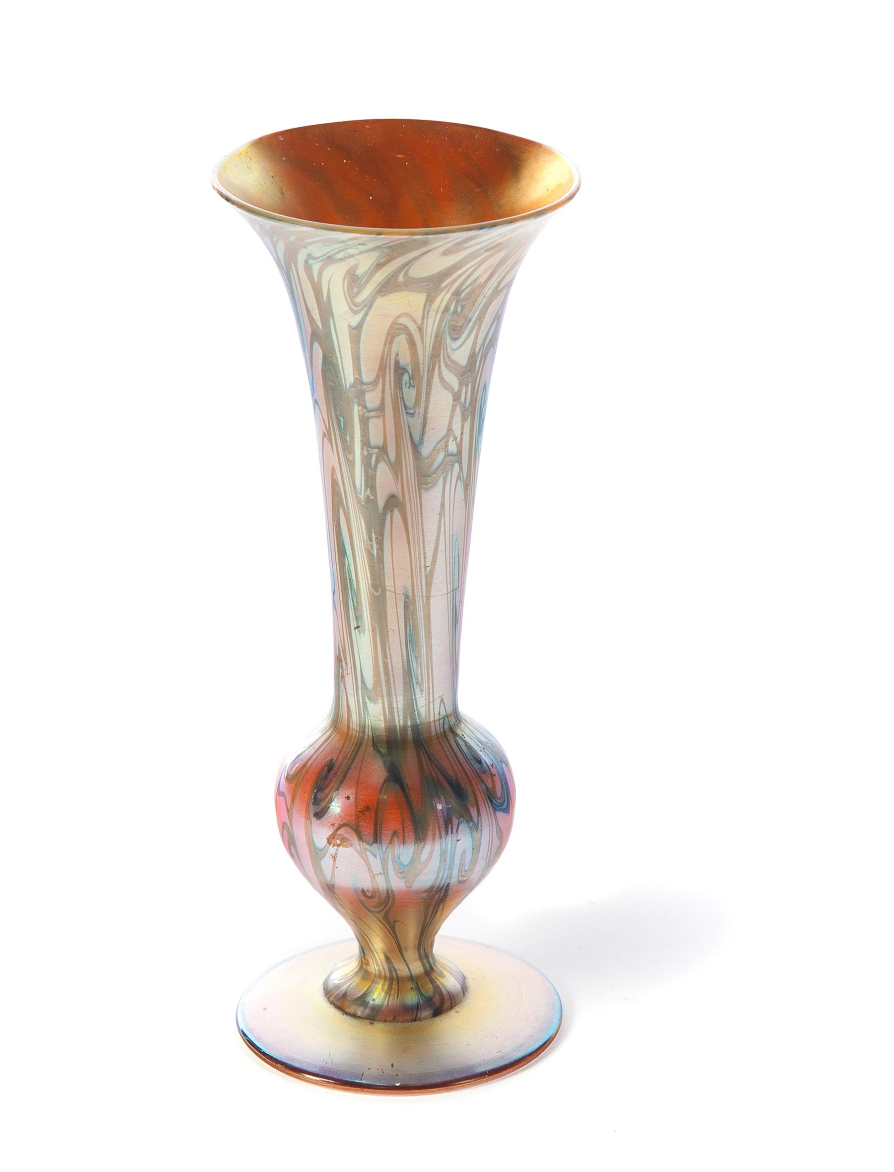 Appraisal: QUEZAL TRUMPET VASE New York early th century Iridescent with