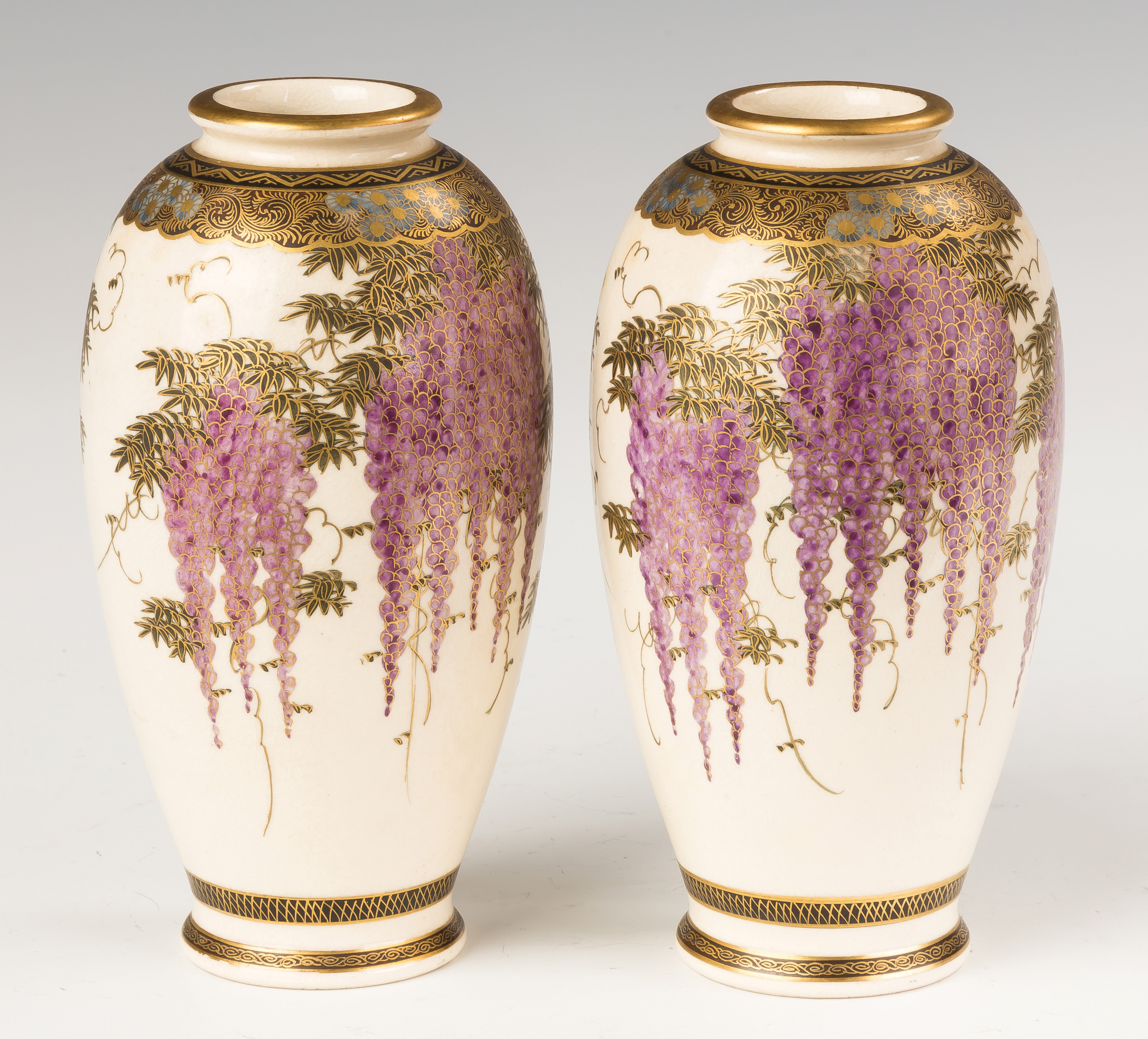 Appraisal: Japanese Porcelain Vases with Wisteria Meiji Period Signed