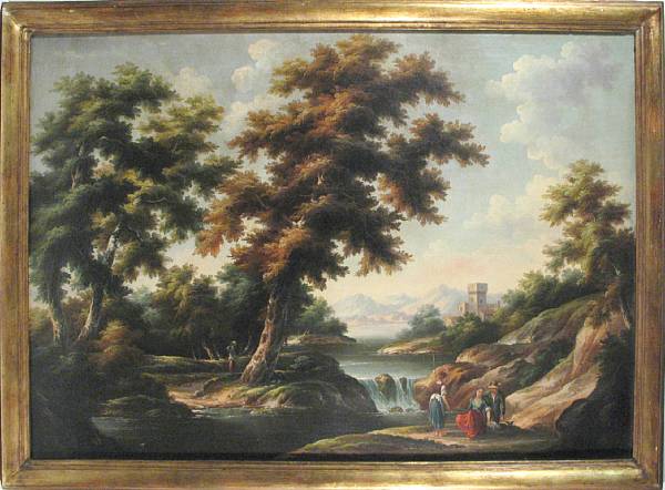 Appraisal: Pseudo-Dutch School late th century Figures by a waterfall with