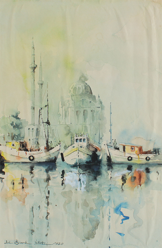 Appraisal: OZISIK Isil Turkish - Istanbul Harbor Scene Watercolor '' x