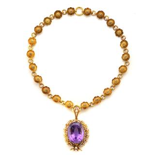 Appraisal: Victorian Amethyst Seed Pearl k Yellow Gold Necklace Featuring one