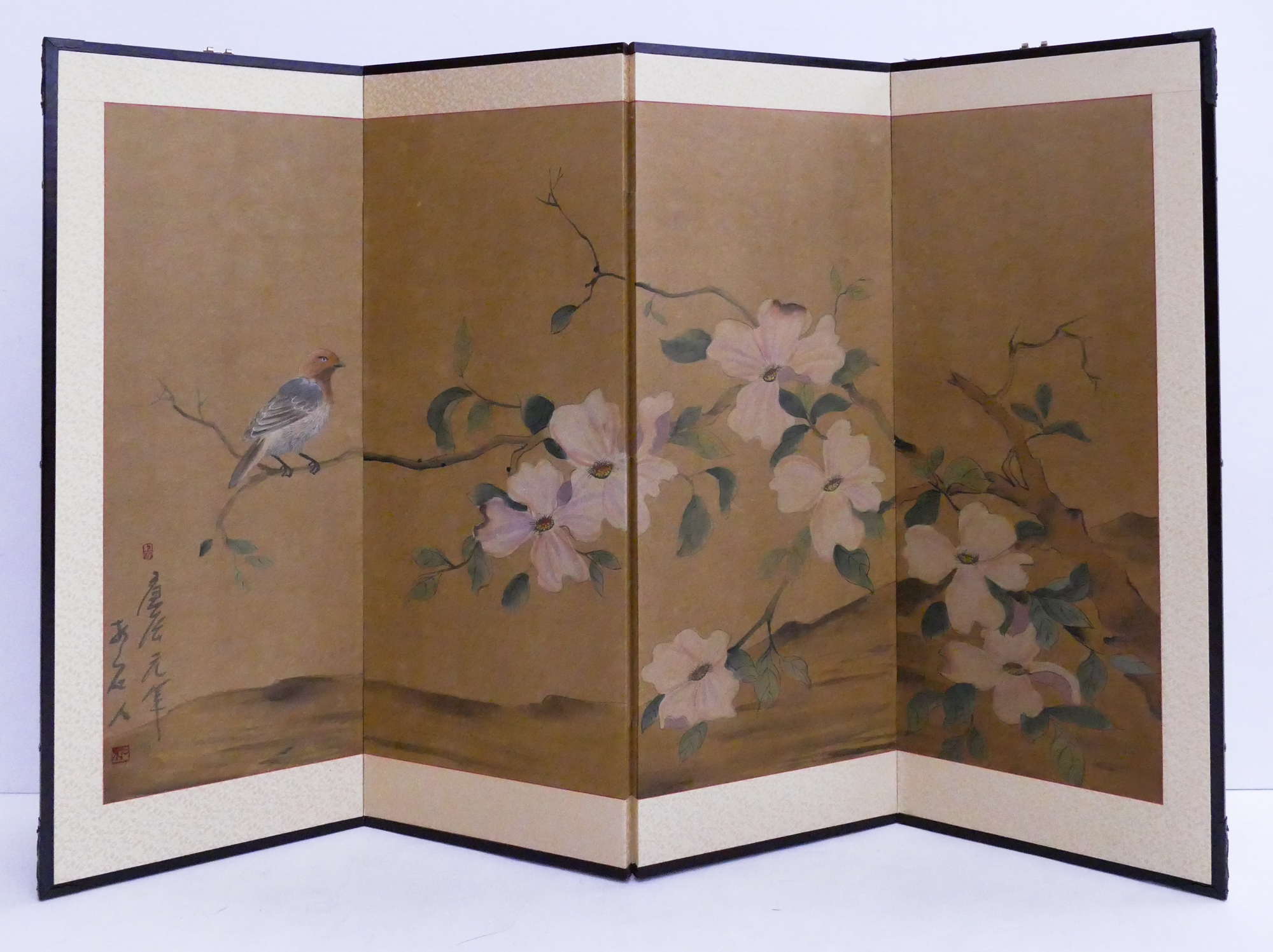 Appraisal: Japanese Painted Panel Screen- Bird on Flower Branch- x ''