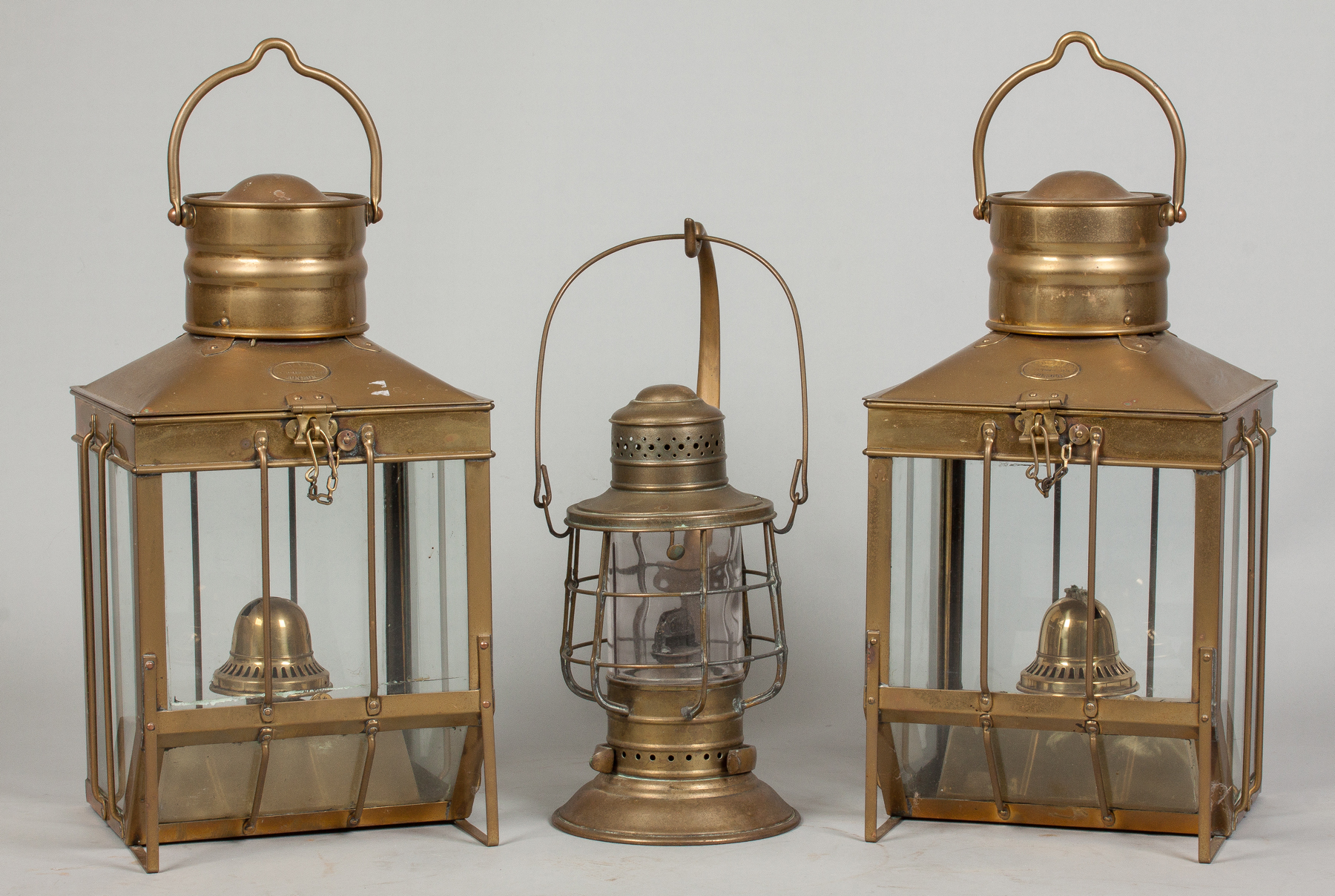 Appraisal: Three Brass Lanterns Two lanterns makers mark illeg London Smaller