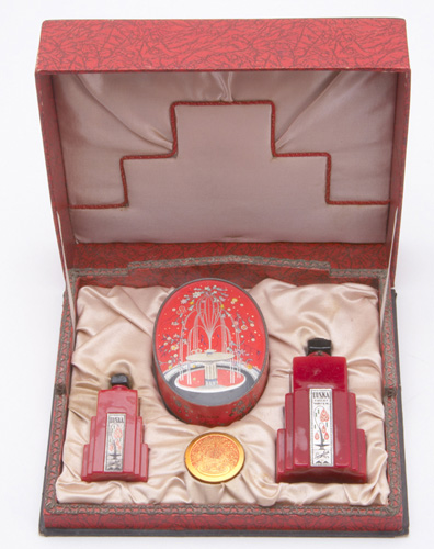 Appraisal: LANGLOIS Duska Art Deco perfume gift set in red and