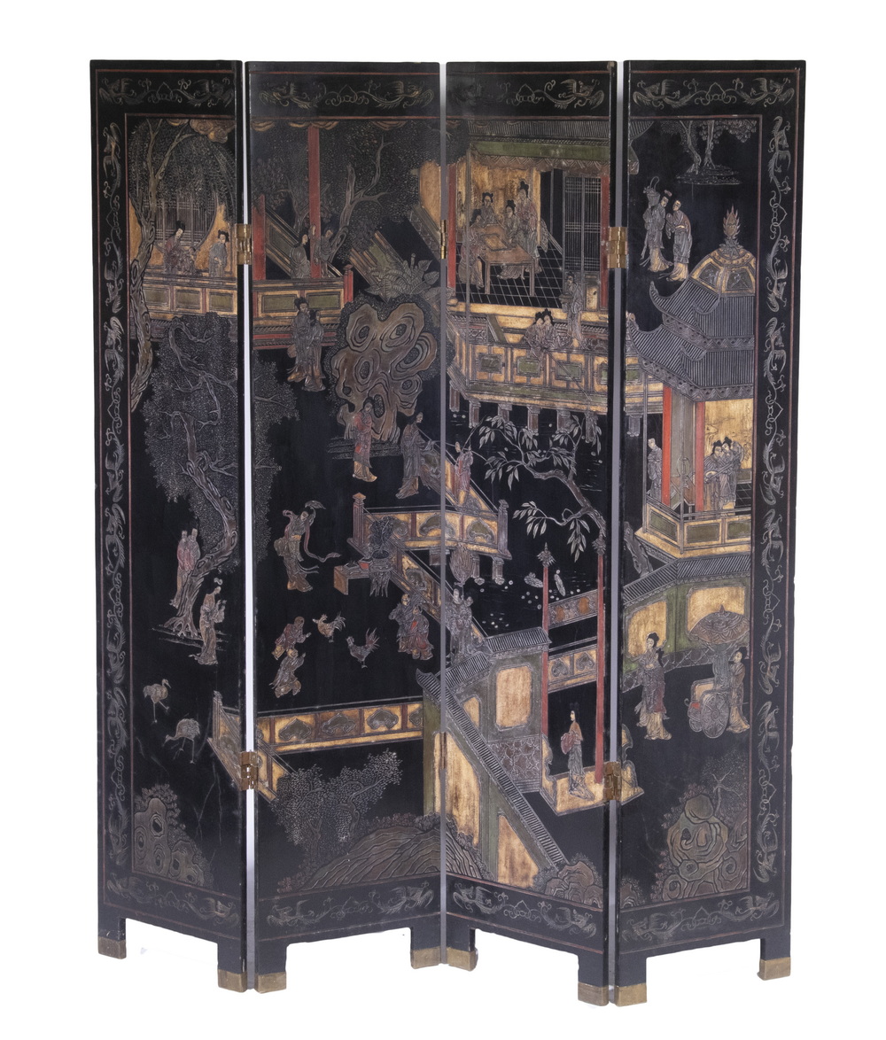 Appraisal: FOUR FOLD CHINESE COROMANDEL FOLDING SCREEN Classic Shaghai area depiction