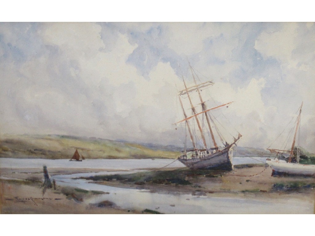 Appraisal: EYRES SIMMONS ESTUARY SCENE WITH BEACHED BOATS Watercolour signed