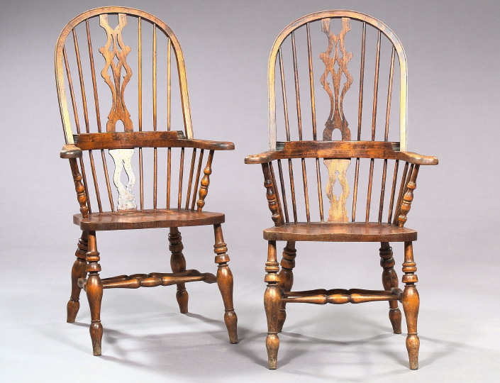 Appraisal: Pair of Windsor-Style English Elmwood Armchairs mid- th century each