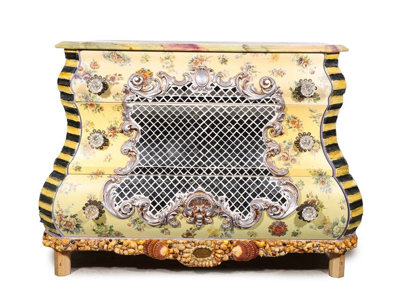 Appraisal: McKenzie Childs bombe dresser with mirrored applique and seashell detail