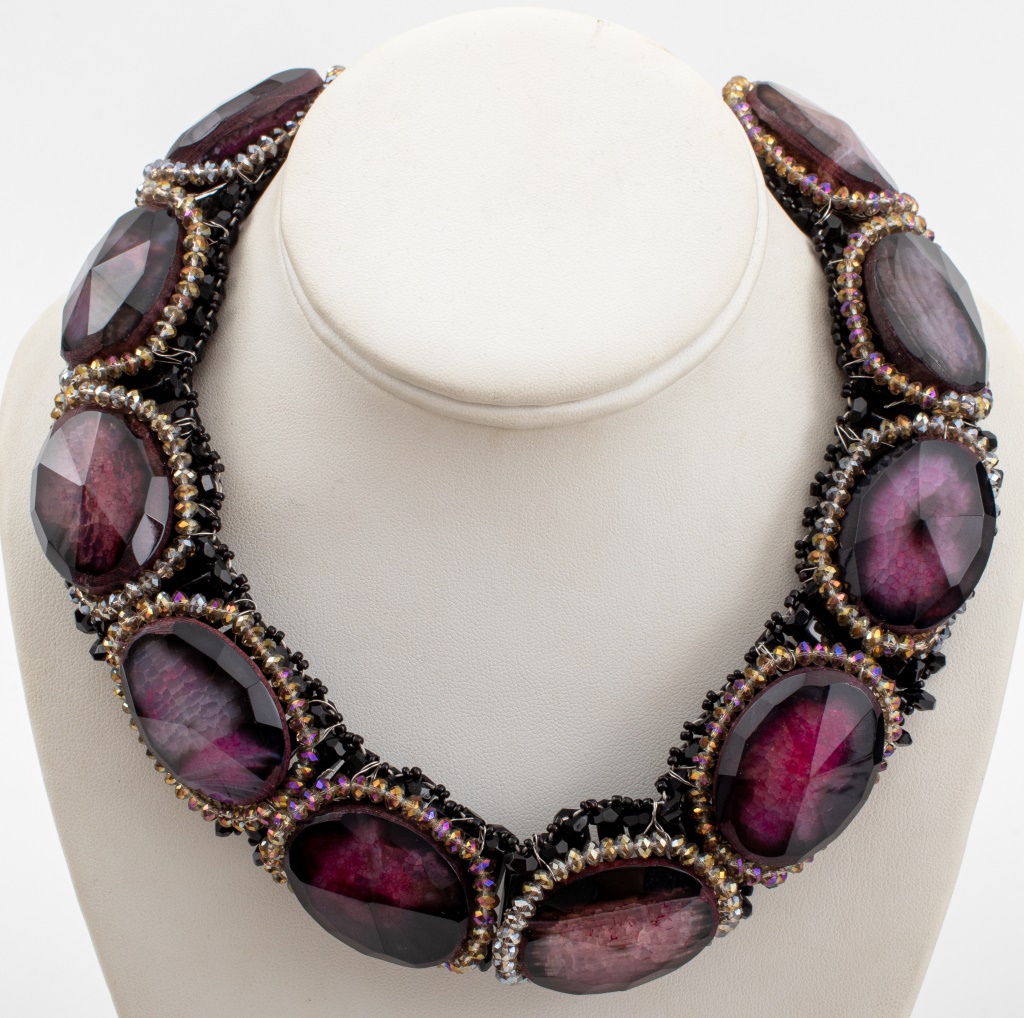 Appraisal: PINK BANDED AGATE STATEMENT NECKLACE Modern statement necklace with pink