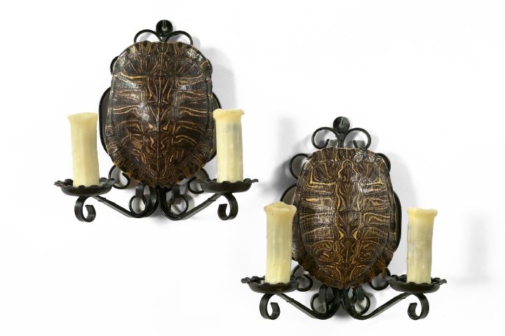 Appraisal: Attractive Pair of Black-Painted Wrought-Iron and Turtle Carapace Two-Light Sconces