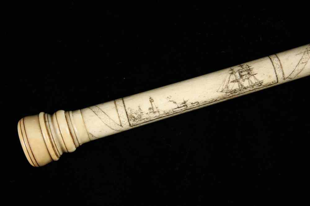 Appraisal: FINE SCRIMSHAWN WALKING STICK - Whalebone Walking Stick with two