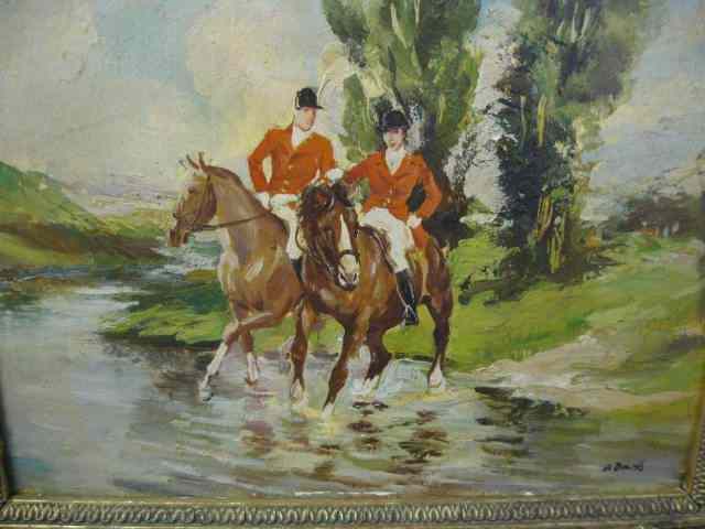 Appraisal: Adams Oil on Board of Hunters onhorseback crossing a stream