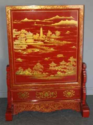 Appraisal: Asian Red Lacquer and Gilt Decorated Screen onStand From a